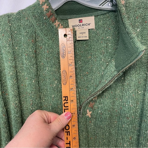 Women's WOOLRICH Green Ramie Wool Blend 1/2 Zip Sweater Size Large Trim - Picture 5 of 12
